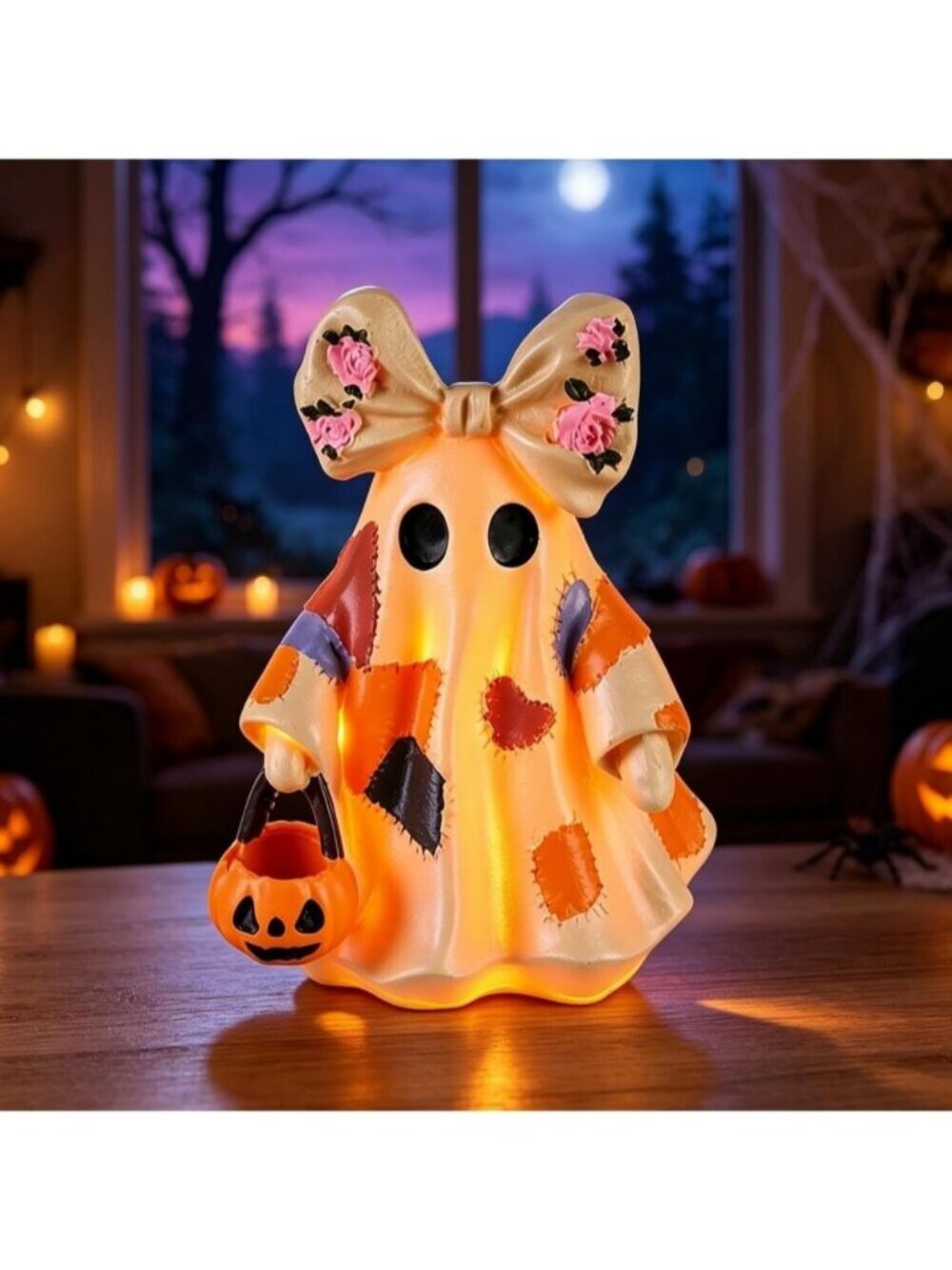 Vintage Patchwork Ghost Halloween Decor Pumpkin Lantern with LED Figurine Lamp